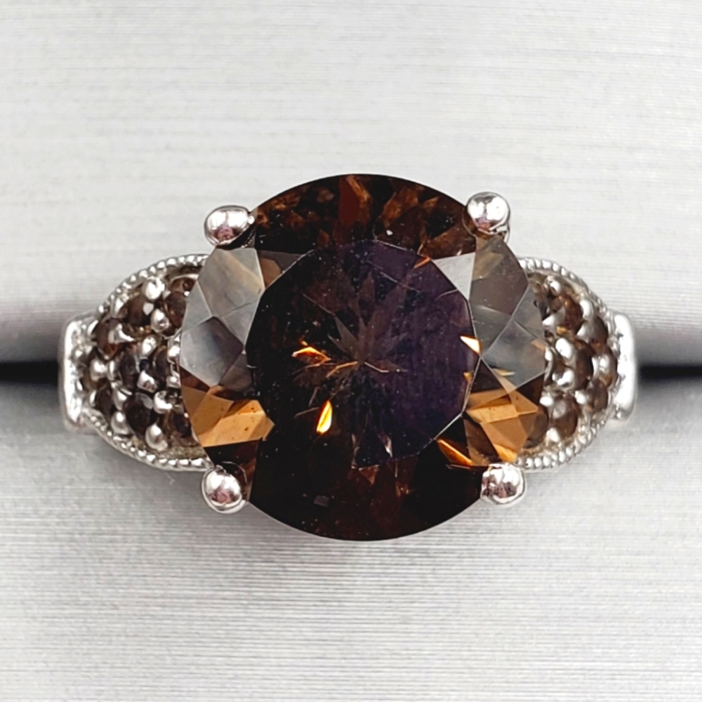 Genuine Round Smoky Quartz 925 Sterling Silver Ring